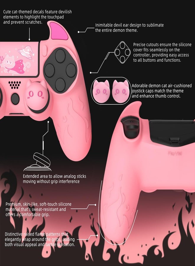 PlayVital Cute Demon Controller Skin for ps4 with Thumb Grips & Stickers, Kawaii Anti-Slip Silicone Cover Grip Protector for ps4 Slim/Pro Controller - Pink - Image 3