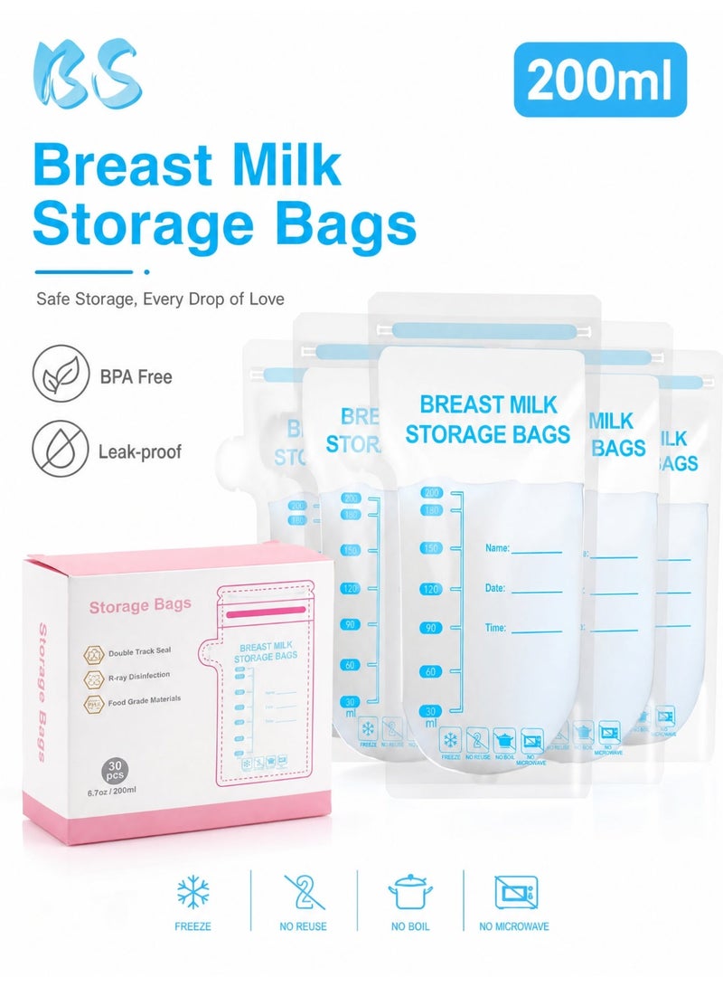 BS Breast Milk Storage Bags | Pack of 30 Disposable Bags | 200ml / 6.7oz | Baby Essential | Double-Seal, Stand-Up, Leak-Proof Design | Food-Grade, BPA-Free Material | Pre-Sterilized, Ready to Use | Suitable for Freezing, Refrigerating, and Warming - Image 1