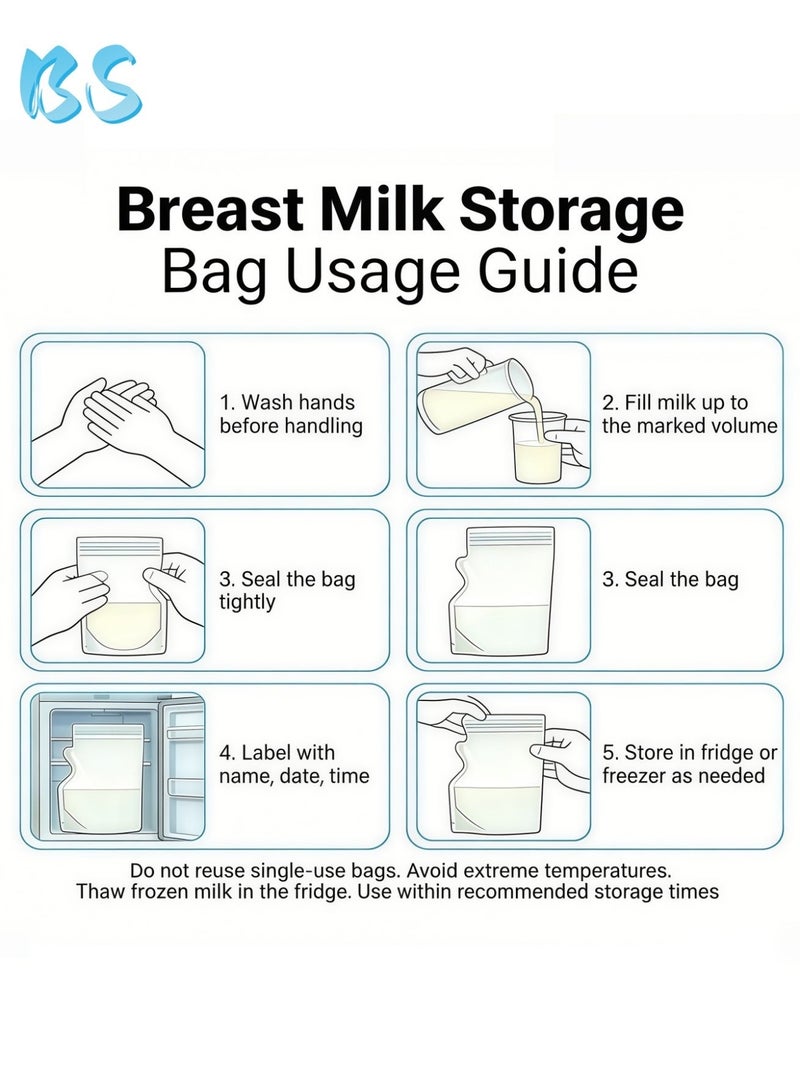 BS Breast Milk Storage Bags | Pack of 30 Disposable Bags | 200ml / 6.7oz | Baby Essential | Double-Seal, Stand-Up, Leak-Proof Design | Food-Grade, BPA-Free Material | Pre-Sterilized, Ready to Use | Suitable for Freezing, Refrigerating, and Warming - Image 3
