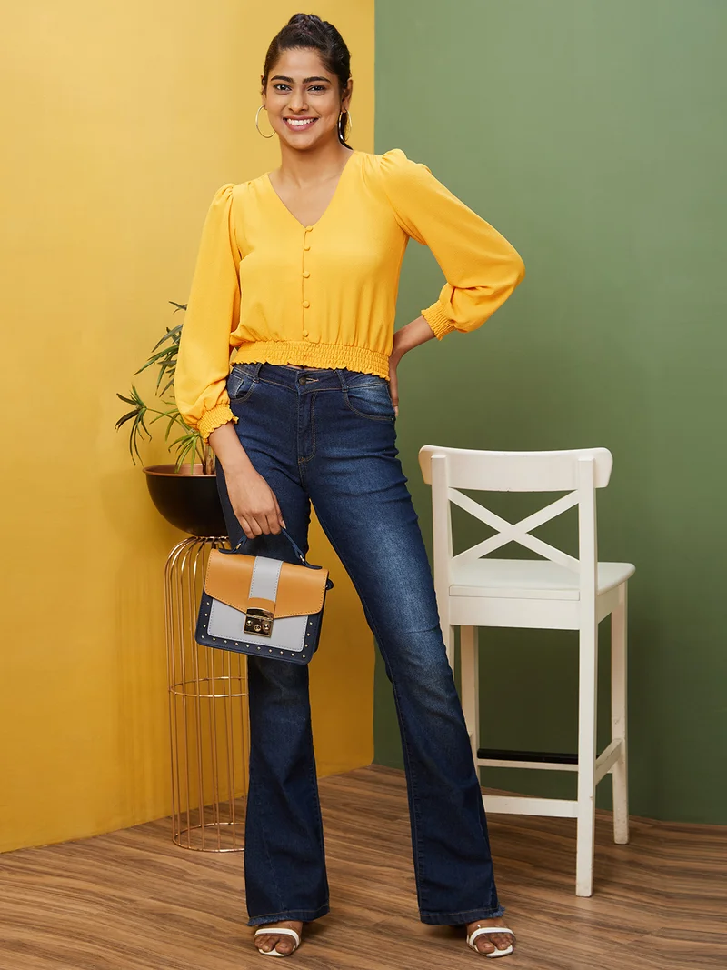 globus Women Yellow V-Neck Puff Sleeve Crop Top