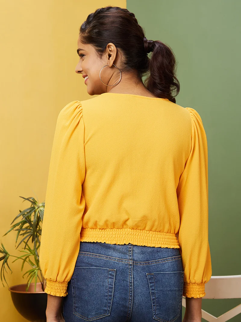 globus Women Yellow V-Neck Puff Sleeve Crop Top