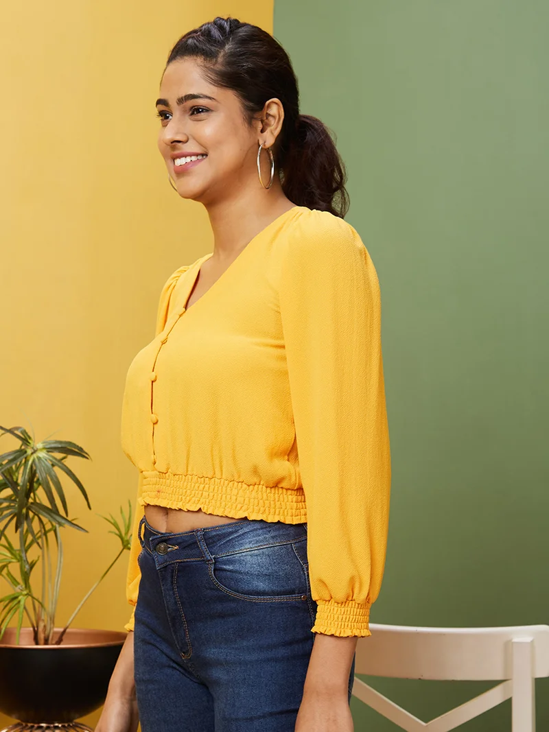 globus Women Yellow V-Neck Puff Sleeve Crop Top