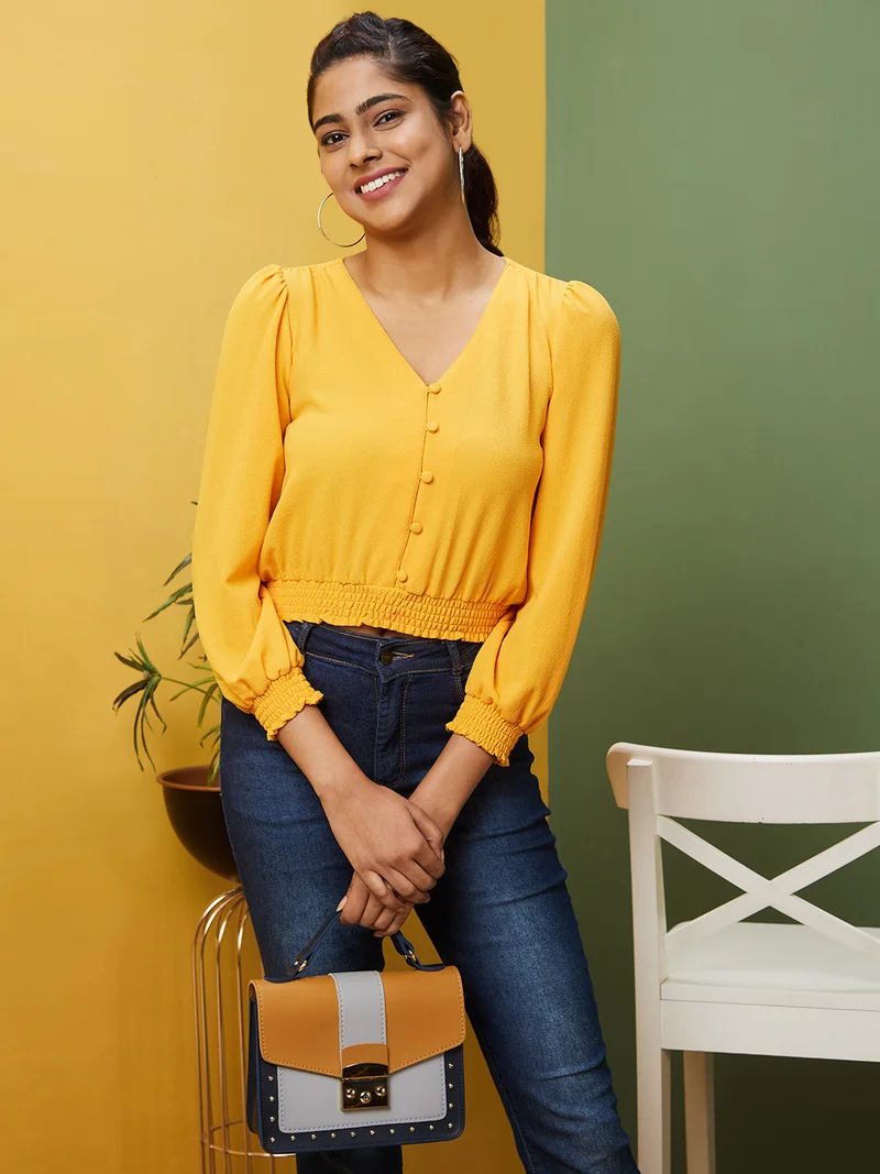 globus Women Yellow V-Neck Puff Sleeve Crop Top