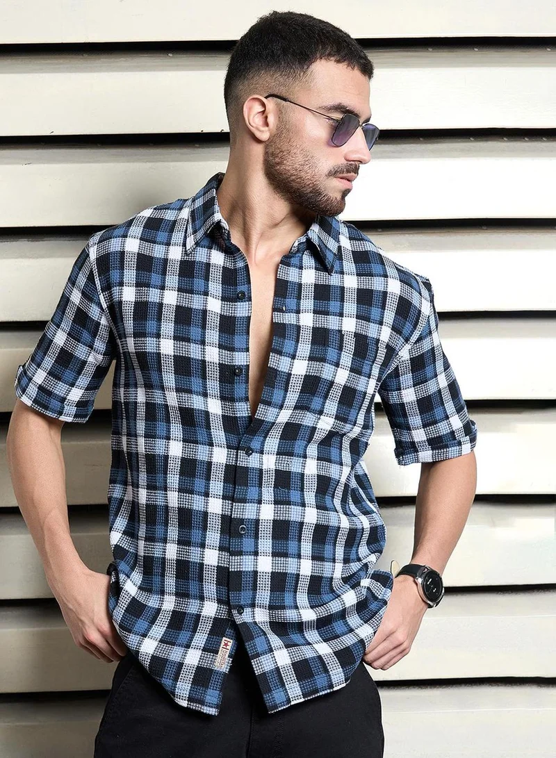 هاي ستار Men's Multicolour Cotton Blend Checkered Button Down Relaxed Shirt
