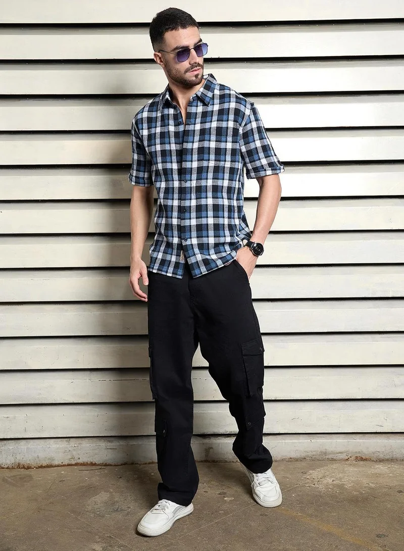 HIGH STAR Men's Multicolour Cotton Blend Checkered Button Down Relaxed Shirt