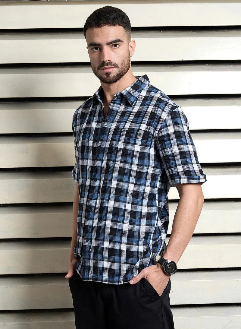 HIGH STAR Men's Multicolour Cotton Blend Checkered Button Down Relaxed Shirt