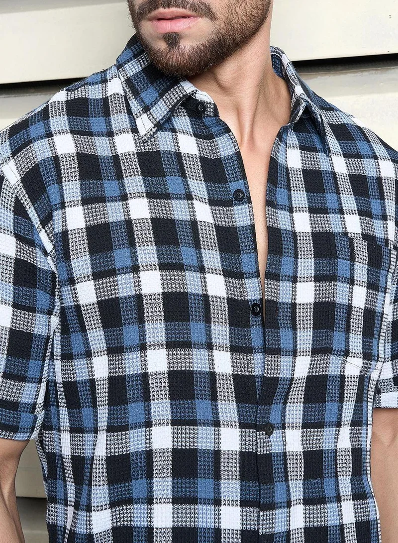 HIGH STAR Men's Multicolour Cotton Blend Checkered Button Down Relaxed Shirt