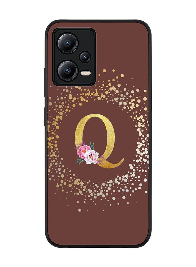 Stylizedd Rugged Black edge case for Poco X5 / Redmi Note 12 5G Slim fit Soft Case Flexible Rubber Edges Anti Drop TPU Gel Thin Cover - Custom Monogram Initial Letter Floral Pattern Alphabet - Q - Brown - Image 1