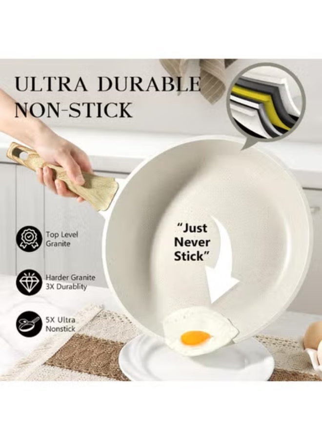 LEFAFA Nonstick Frying Pan Skillet with Lid, 28cm White Granite Non Stick Pans, Omelette Pan with Heat-Resistant Handle, Compatible with All Stovetops, Pfoa Free, Heat Resistant Handle, Induction Compatible - Image 2