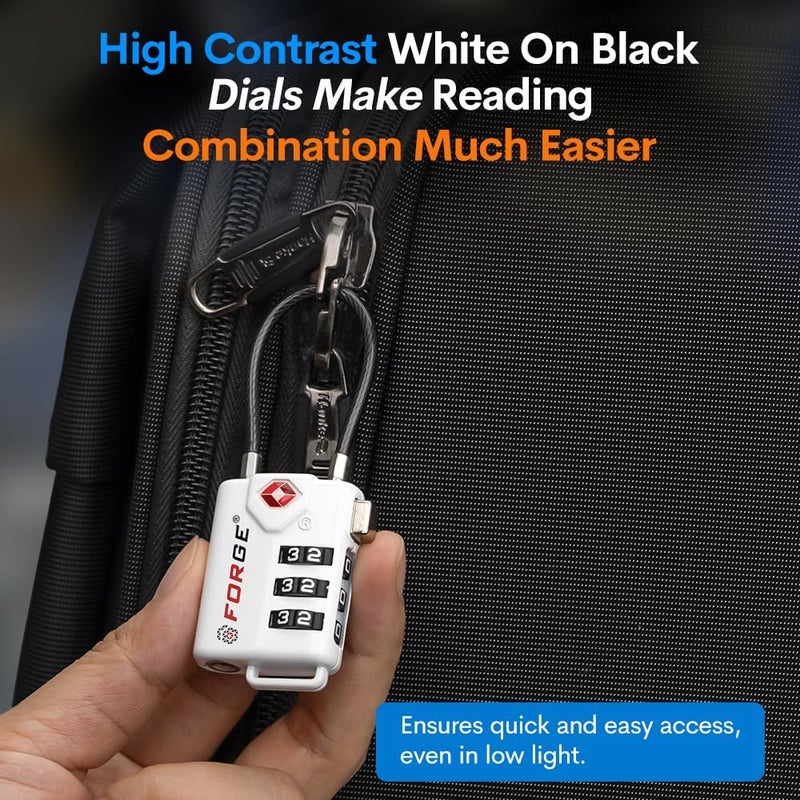 Forge TSA Approved Cable Luggage Locks, Re-settable Combination with Alloy Body(White 2 Locks) - Image 5