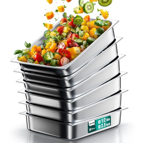 WantJoin Steam Table Hotel Pans 1/2 Half Size 2.5 Inch Deep 6 Pack, Stainless Steel Metal Tray Sets Food Storage Container for Restaurant Chafing Dishes Commercial Buffet Warmer Catering Supplies - Image 1