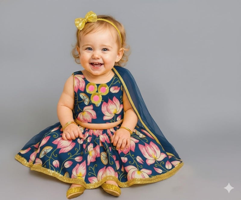 A.T.U.N. (ALL THINGS UBER NICE) Baby Girls Cotton Ethnic Floral Lehenga Choli Set with Lace & Dupatta | Traditional 3-Piece Festive Outfit for Kids - Image 2