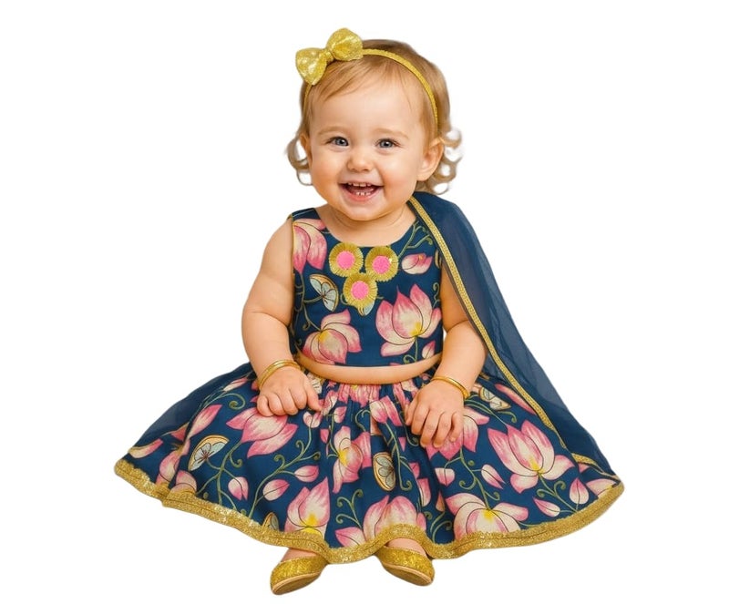 A.T.U.N. (ALL THINGS UBER NICE) Baby Girls Cotton Ethnic Floral Lehenga Choli Set with Lace & Dupatta | Traditional 3-Piece Festive Outfit for Kids - Image 1