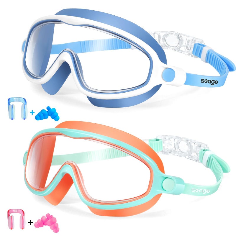Seago Kids Goggles for Swimming 2 Pack No Leaking Anti-Fog Outer Eye Fit with Wide View UV Protection Crystal Clear Watertight Swim Goggles with nose cover Suitable for Children Youth Boys Girls Age 3 to 14 - Image 1