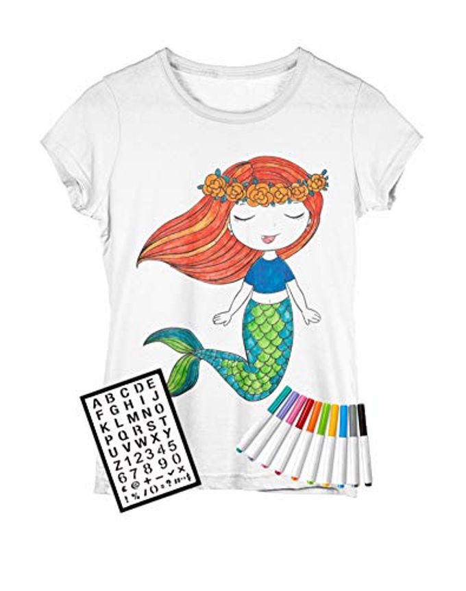 DaVinci in You Coloring Shirt for Girls Kit with 10 Fabric Markers and Alphabet Stencil (Mermaid, 8/9) - Image 1