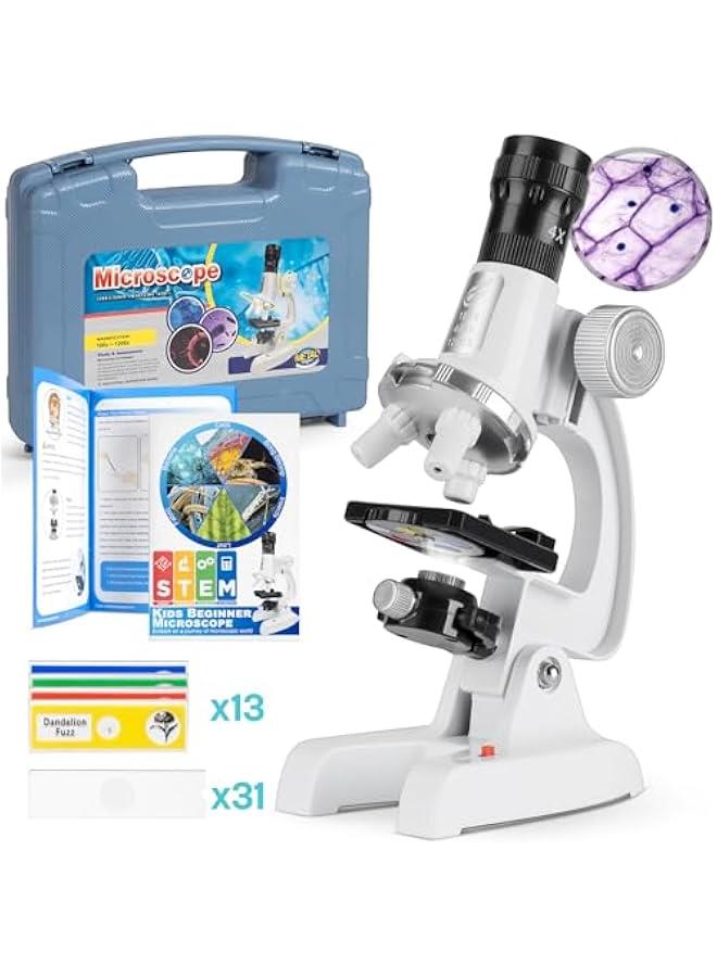 Arabest New 2024 Kids Beginner Microscope Science Kit with 100X-1200X Magnification, 13 Prepared Slides & DIY Blank Slides, 18MM HD Lens, Adjustable LED Light, ABS Box - Ideal Microscope for Kids Ages 5-7 a  - Image 1