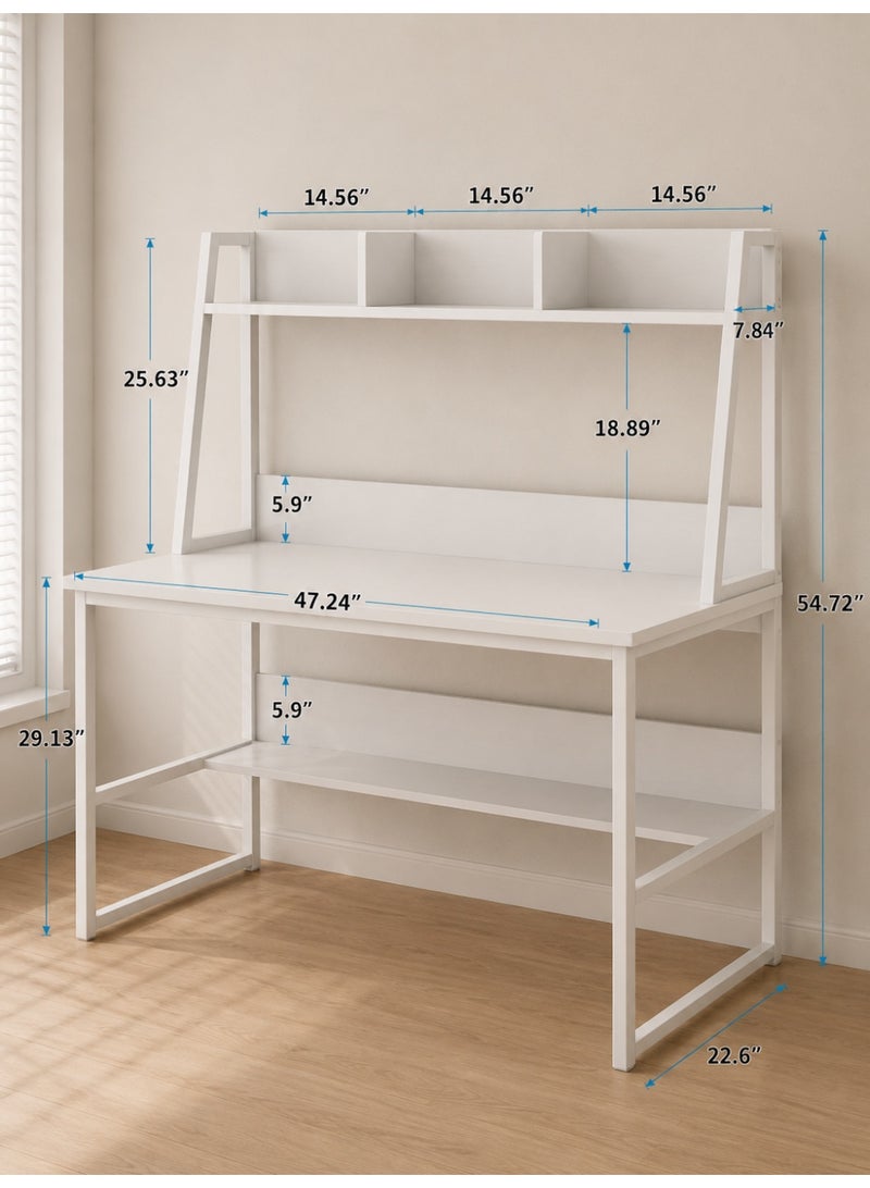 Modern White Home Office Desk with Bookshelf Storage and Open Shelving - Image 5