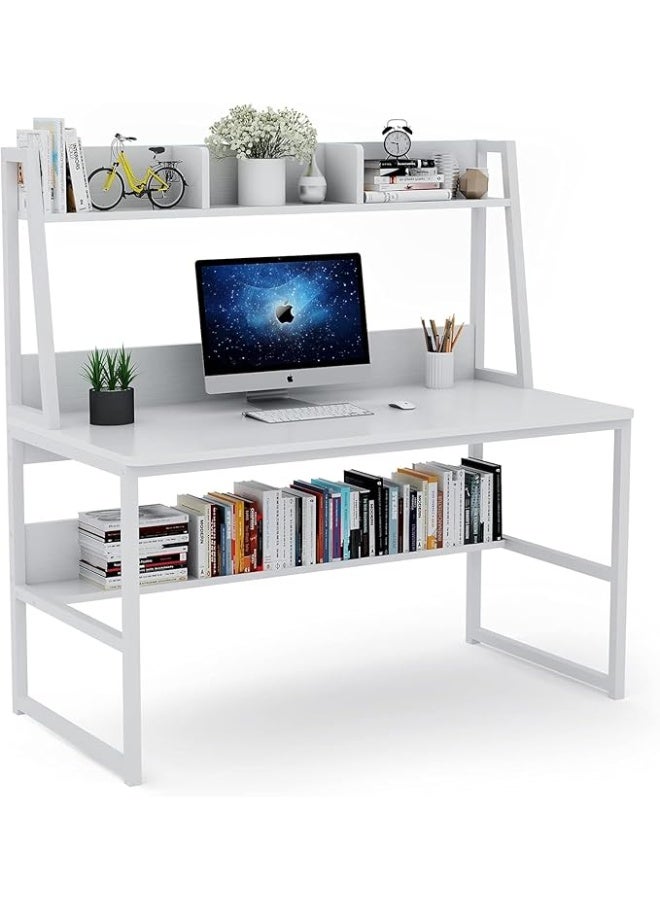 Modern White Home Office Desk with Bookshelf Storage and Open Shelving - Image 4