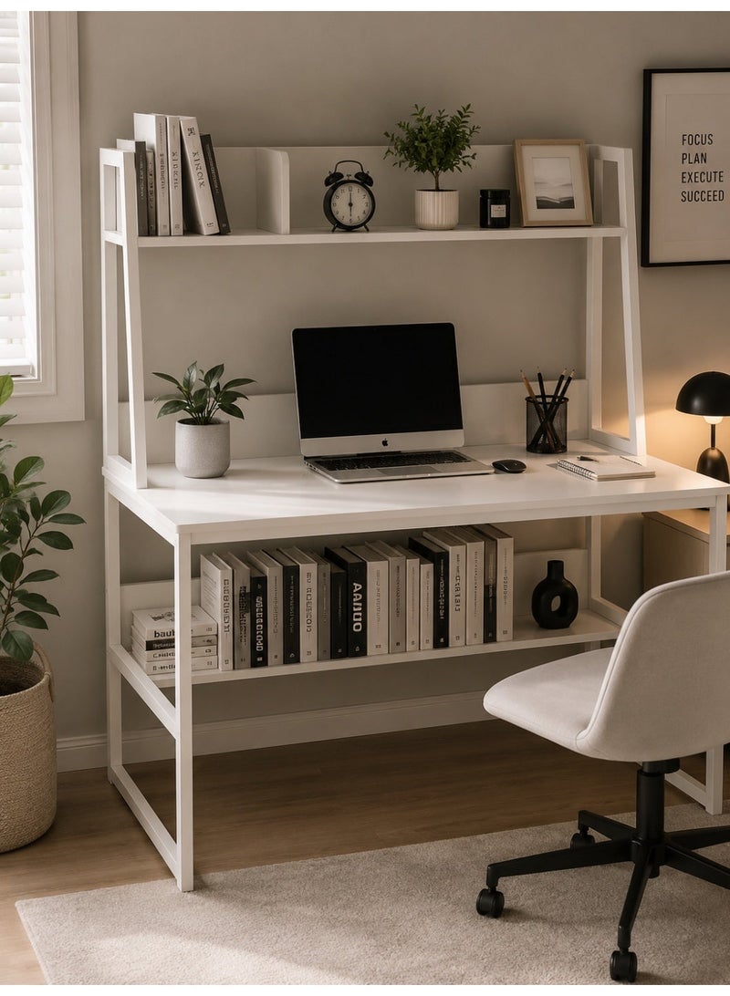 Modern White Home Office Desk with Bookshelf Storage and Open Shelving - Image 1