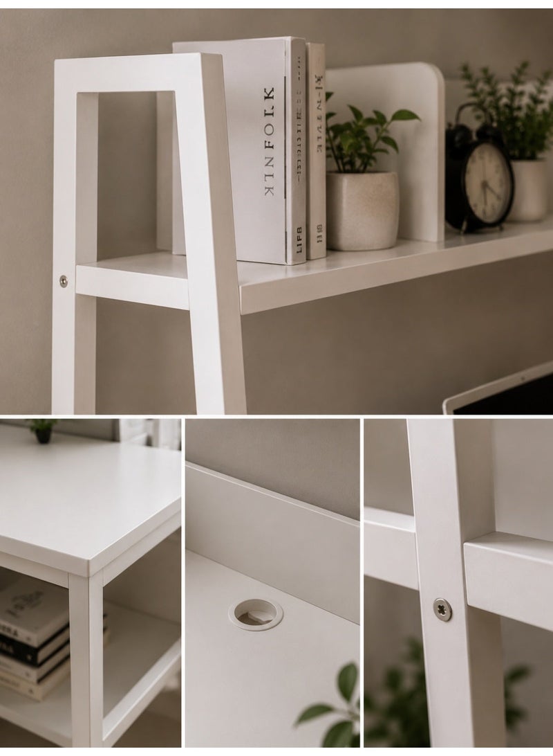 Modern White Home Office Desk with Bookshelf Storage and Open Shelving - Image 2
