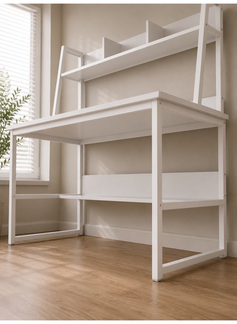 Modern White Home Office Desk with Bookshelf Storage and Open Shelving - Image 3