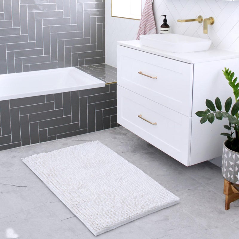 FRESHMINT Chenille Bathroom Rugs Mat 24 ""x17 ""  Non-Slip Bath Mat for Bathroom Floor  Washable Soft Thick Water Absorbent Microfiber Shower Mat  White - Image 1