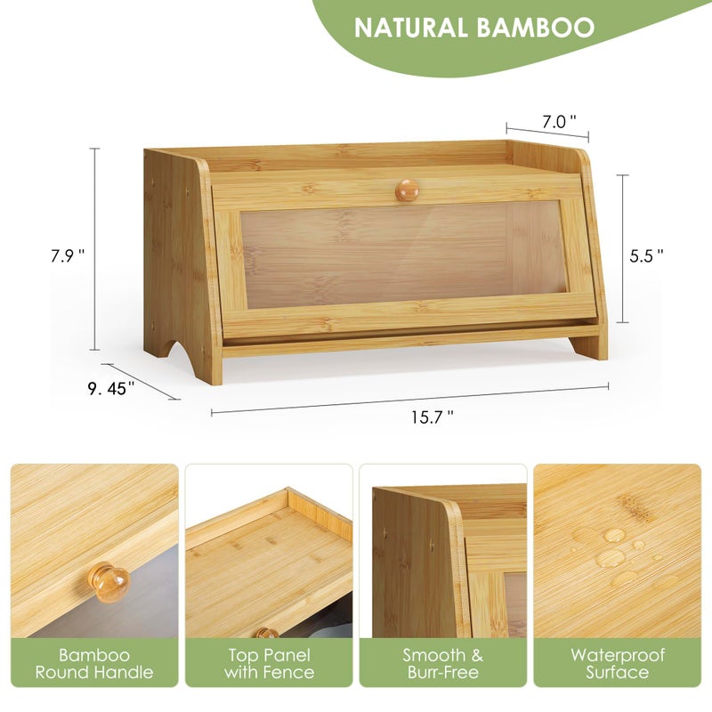 JANSNIMEN Bread Box for Kitchen Countertop, Large Bread Container Storage, Wooden Farmhouse Bread Box with Window Bread Holder (Natural Bamboo) - Image 2