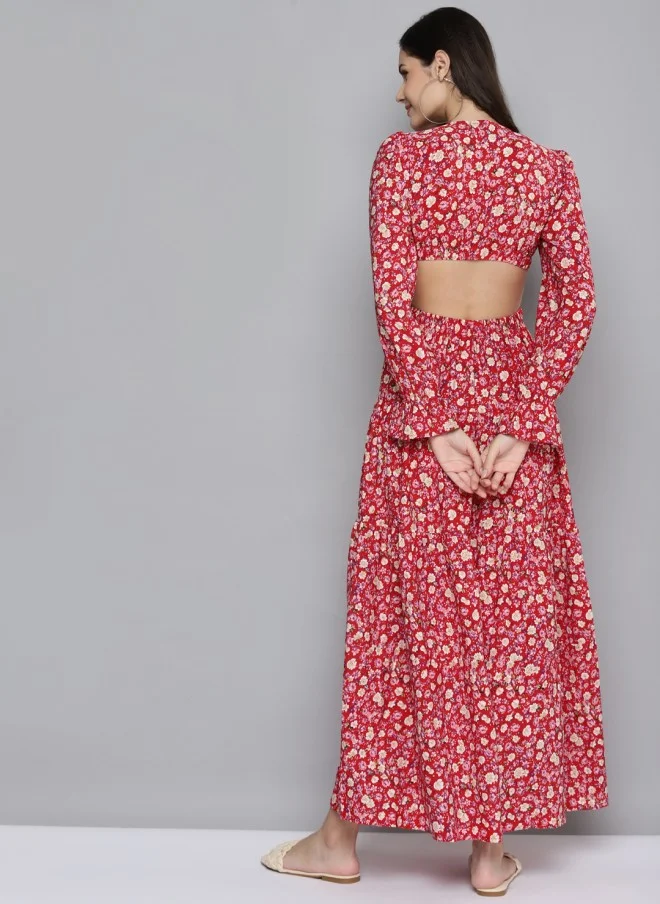 SASSAFRAS Floral Cut-Out Maxi Dress for Women