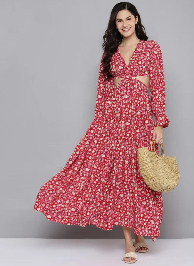 SASSAFRAS Floral Cut-Out Maxi Dress for Women