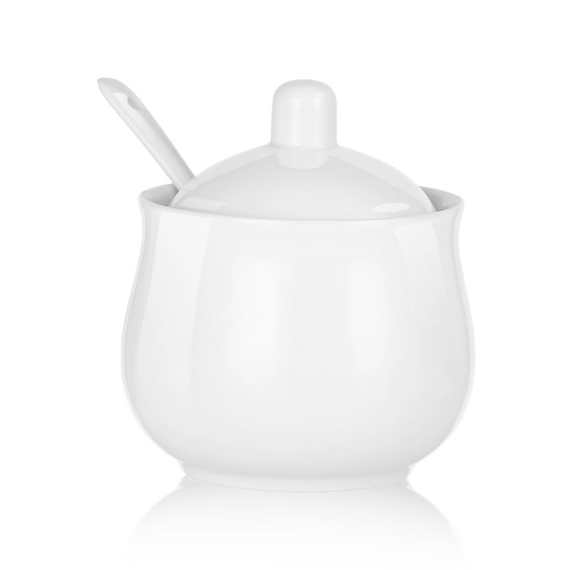 CHILDIKE Ceramic Sugar Bowl with Lid and Spoon White Porcelain Sugar Salt Pepper Storage Jar 8 Ounces