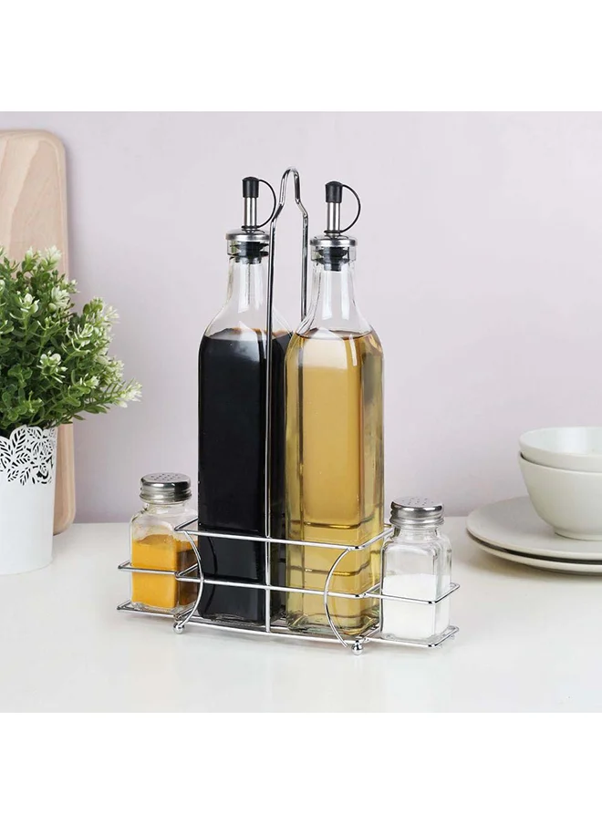 دانوب هوم Adrian 4-Piece Glass Condiment Jar Set WMetal Wire Stand 500Ml80Ml Transparent Glass Metal Tabletop Condiments Holder Spice Container Storage For Kitchen 20X 8 X32Hcm - Clear