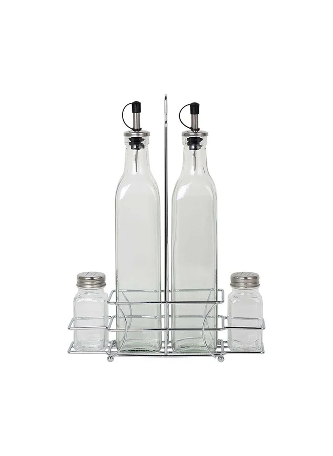 دانوب هوم Adrian 4-Piece Glass Condiment Jar Set WMetal Wire Stand 500Ml80Ml Transparent Glass Metal Tabletop Condiments Holder Spice Container Storage For Kitchen 20X 8 X32Hcm - Clear