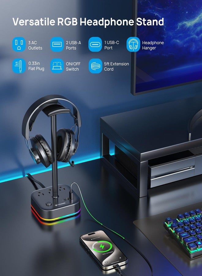 TROND حامل سماعات TROND مع USB C، حامل سماعات ألعاب مكتبي مع 3 مآخذ AC، 2 USB-A و 1 USB-C، حامل سماعات مع 5 أوضاع إضاءة RGB، لملحقات مكتب الألعاب هدايا لصديق الألعاب - Image 2