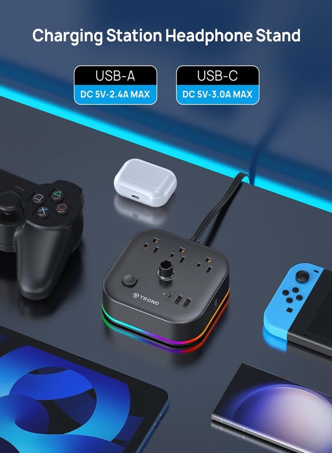 TROND حامل سماعات TROND مع USB C، حامل سماعات ألعاب مكتبي مع 3 مآخذ AC، 2 USB-A و 1 USB-C، حامل سماعات مع 5 أوضاع إضاءة RGB، لملحقات مكتب الألعاب هدايا لصديق الألعاب - Image 4