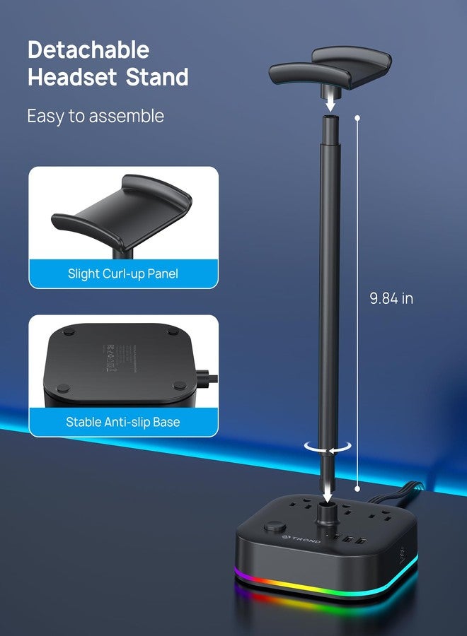 TROND حامل سماعات TROND مع USB C، حامل سماعات ألعاب مكتبي مع 3 مآخذ AC، 2 USB-A و 1 USB-C، حامل سماعات مع 5 أوضاع إضاءة RGB، لملحقات مكتب الألعاب هدايا لصديق الألعاب - Image 5