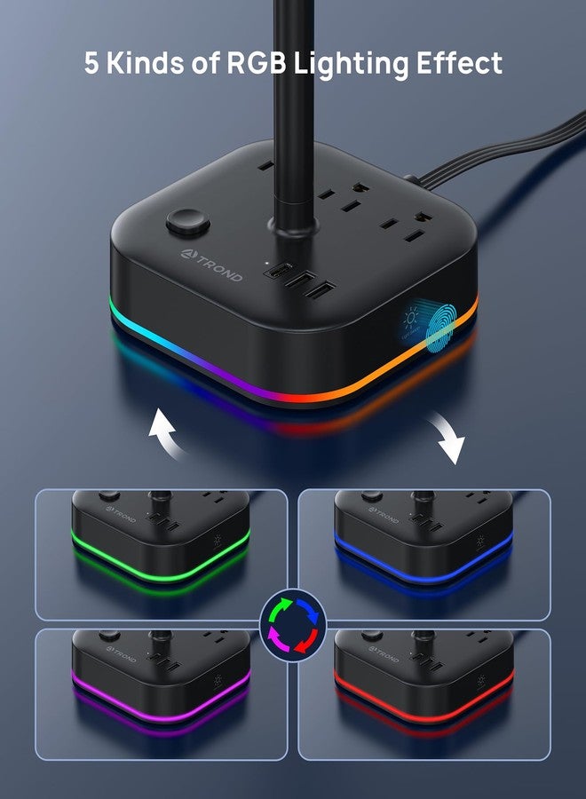 TROND حامل سماعات TROND مع USB C، حامل سماعات ألعاب مكتبي مع 3 مآخذ AC، 2 USB-A و 1 USB-C، حامل سماعات مع 5 أوضاع إضاءة RGB، لملحقات مكتب الألعاب هدايا لصديق الألعاب - Image 3
