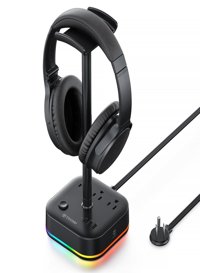 TROND حامل سماعات TROND مع USB C، حامل سماعات ألعاب مكتبي مع 3 مآخذ AC، 2 USB-A و 1 USB-C، حامل سماعات مع 5 أوضاع إضاءة RGB، لملحقات مكتب الألعاب هدايا لصديق الألعاب - Image 1