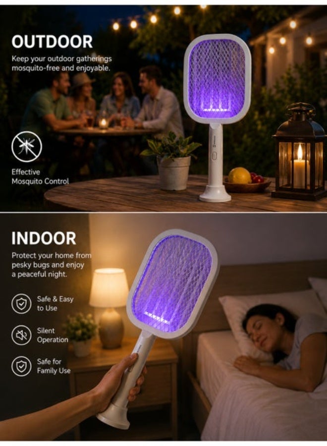 ZEROSPACE 2 In 1 Electric Mosquito Swatter with UV Lamp, Rechargeable Bug Zapper Racket with 3000V Electric Grid, 1200mAh Rechargeable Battery Type-C Charging & Stand Base, White - Image 2