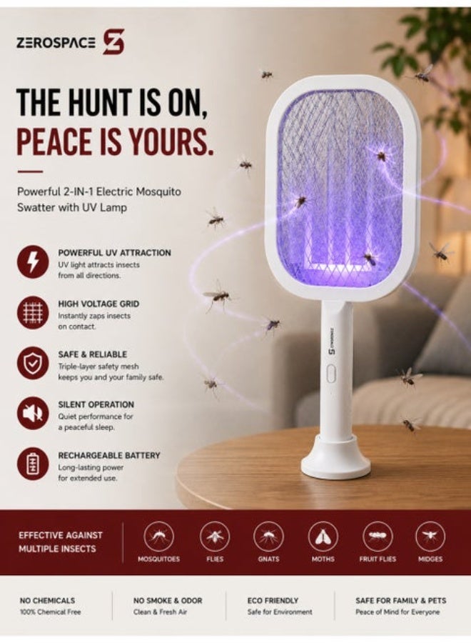 ZEROSPACE 2 In 1 Electric Mosquito Swatter with UV Lamp, Rechargeable Bug Zapper Racket with 3000V Electric Grid, 1200mAh Rechargeable Battery Type-C Charging & Stand Base, White - Image 4