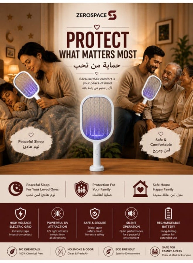 ZEROSPACE 2 In 1 Electric Mosquito Swatter with UV Lamp, Rechargeable Bug Zapper Racket with 3000V Electric Grid, 1200mAh Rechargeable Battery Type-C Charging & Stand Base, White - Image 5