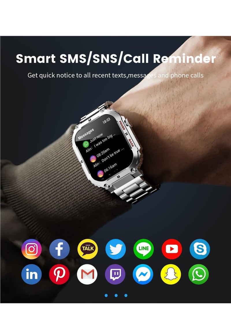AROAQ - Military Smart Watch for Men(Answer/Dial Calls),1.96'' HD touchscreen,100 Sports Modes,400 mAh Smartwatch with Heart Rate/SpO2/Blood Pressure 5ATM Waterproof Fitness Watch for Android and iOS Silver - Image 1
