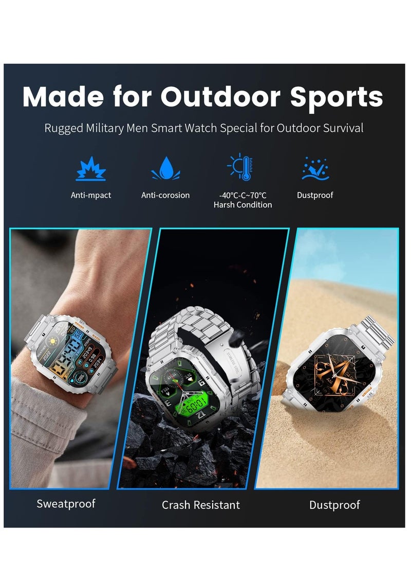 AROAQ - Military Smart Watch for Men(Answer/Dial Calls),1.96'' HD touchscreen,100 Sports Modes,400 mAh Smartwatch with Heart Rate/SpO2/Blood Pressure 5ATM Waterproof Fitness Watch for Android and iOS Silver - Image 1