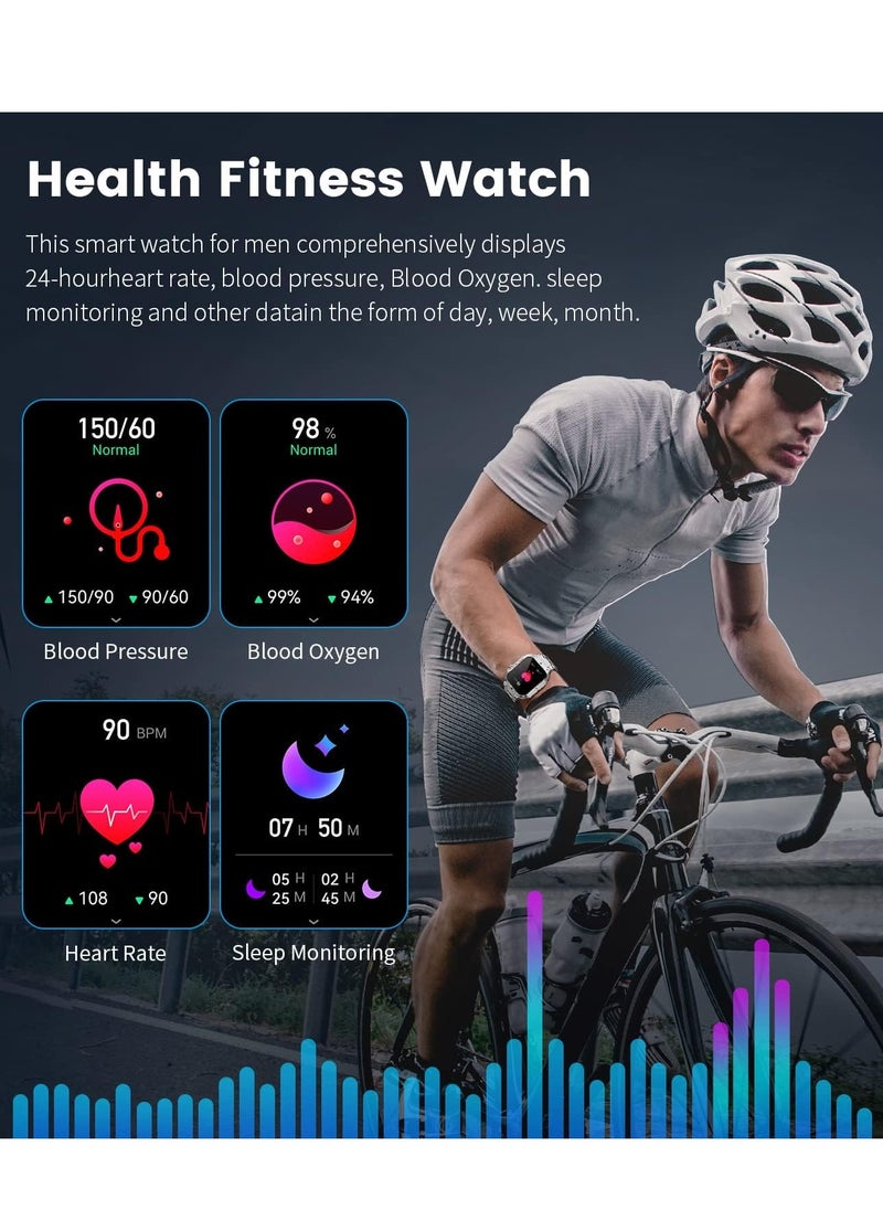 AROAQ - Military Smart Watch for Men(Answer/Dial Calls),1.96'' HD touchscreen,100 Sports Modes,400 mAh Smartwatch with Heart Rate/SpO2/Blood Pressure 5ATM Waterproof Fitness Watch for Android and iOS Silver - Image 1