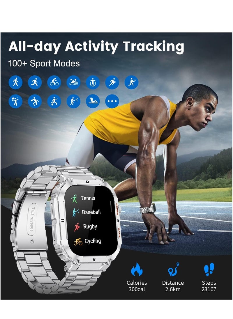 AROAQ - Military Smart Watch for Men(Answer/Dial Calls),1.96'' HD touchscreen,100 Sports Modes,400 mAh Smartwatch with Heart Rate/SpO2/Blood Pressure 5ATM Waterproof Fitness Watch for Android and iOS Silver - Image 1