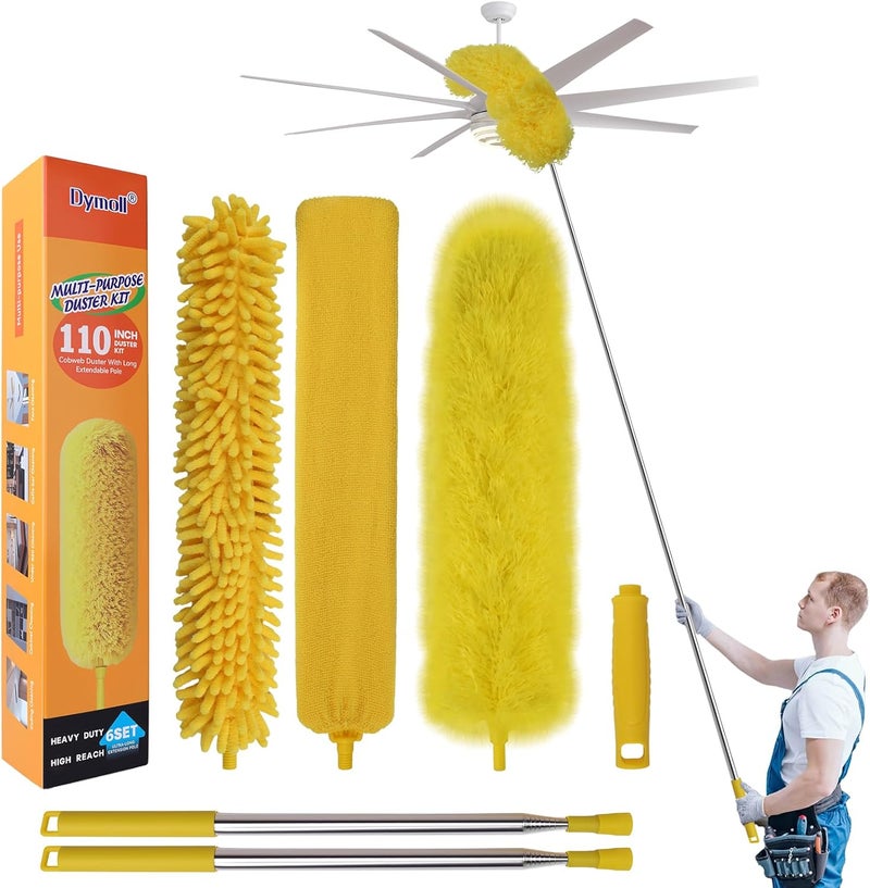 Dymoll Cobweb Duster with Extension Pole, 110" Microfiber Feather Duster Kit with Bendable Washable Heads, Spider Web Brush, Dusters for Cleaning Ceiling Fan, High Ceiling, Blinds, Furniture & Cars - Image 1
