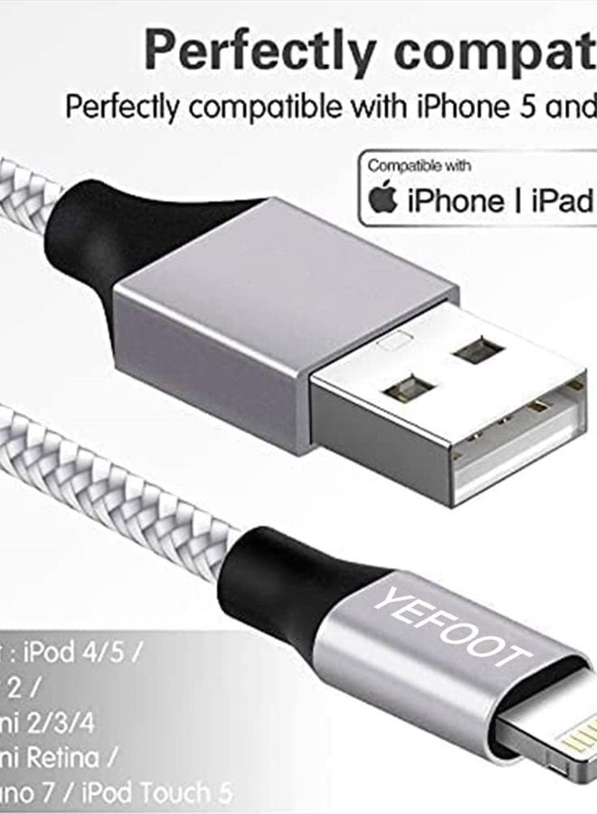 YEFOOT [معتمد من Apple MFi] 5 حزمة (3/3/6/6/10 قدم) كابل شحن آيفون مع حبل نايلون سريع الشحن متوافق مع آيفون 14 برو/14/13 برو/13/12 برو/12/11 والمزيد - فضي وأبيض - Image 3
