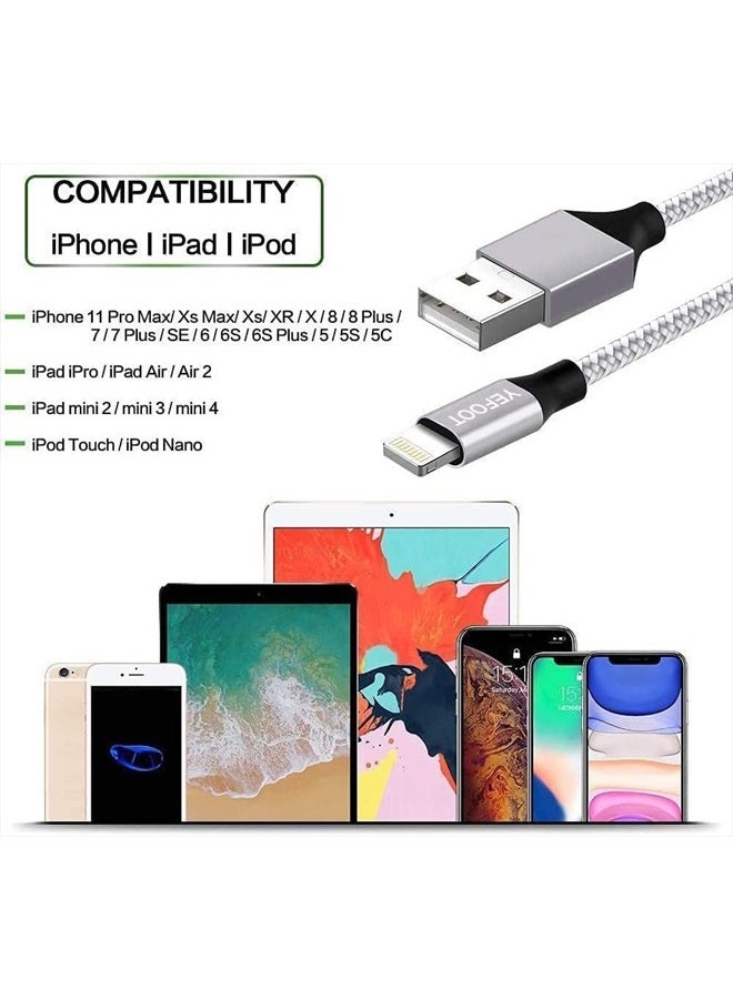 YEFOOT [معتمد من Apple MFi] 5 حزمة (3/3/6/6/10 قدم) كابل شحن آيفون مع حبل نايلون سريع الشحن متوافق مع آيفون 14 برو/14/13 برو/13/12 برو/12/11 والمزيد - فضي وأبيض - Image 5