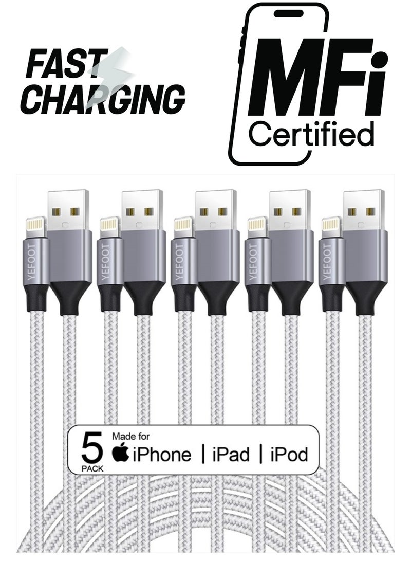 YEFOOT [معتمد من Apple MFi] 5 حزمة (3/3/6/6/10 قدم) كابل شحن آيفون مع حبل نايلون سريع الشحن متوافق مع آيفون 14 برو/14/13 برو/13/12 برو/12/11 والمزيد - فضي وأبيض - Image 1
