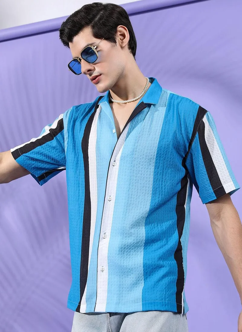 The Indian Garage Co Men Relaxed Fit Striped Half Sleeves Cuban Collar Resort Wear Shirt