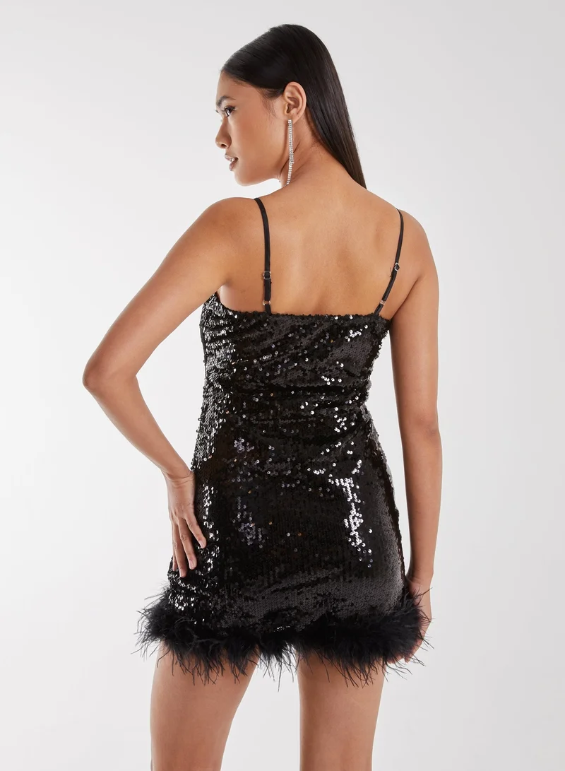 Pink Vanilla Faux Feather Premium Sequin Mini Dress